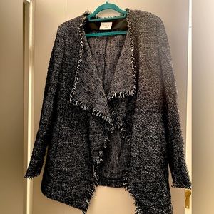 AKRIS Punto Black & White Tweed Fringed Waterfall Front Open Jacket 8 MSRP $1490